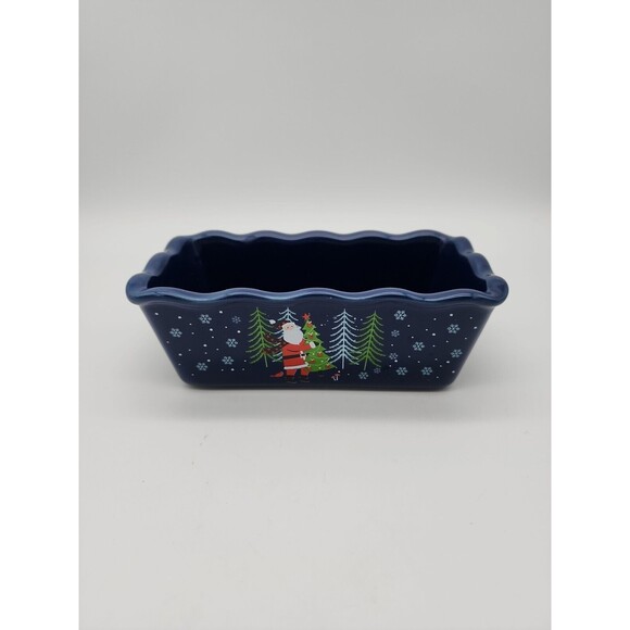 Nantucket Ceramic Mini Loaf Pan Santa Claus Winter Scene Navy Blue NEW 6" x 3" - Picture 11 of 12